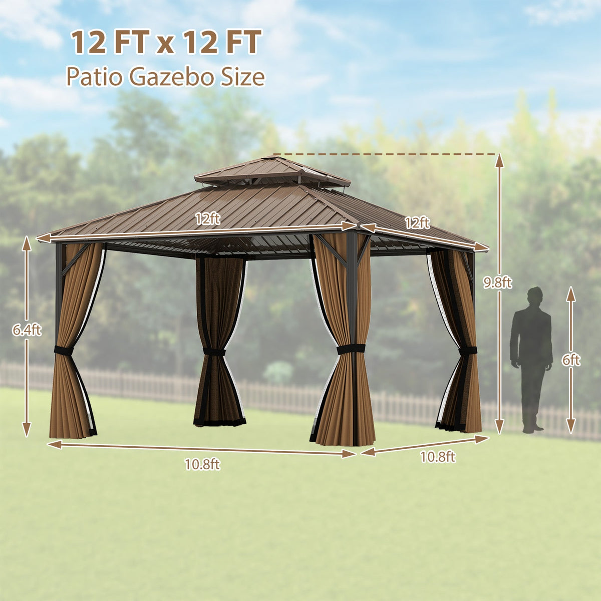 12 x 12 FT Hardtop Gazebo Outdoor Pergola for Patio Garden Deck Lawn Backyard Party Tent-Coffee
