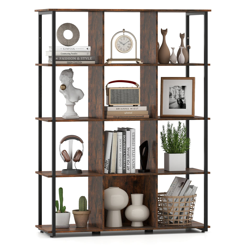 12-Cube Bookcase with 2 Anti-tipping Kits for Living Room-Rustic Brown