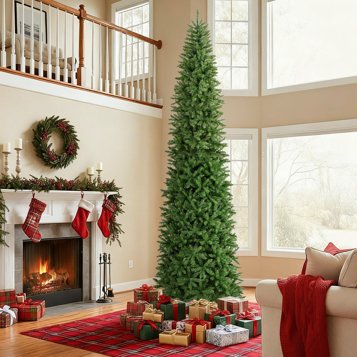 12 Feet Tall Pre-Lit Artificial Christmas Tree Outdoor Indoor Slim Pencil Tree with Lights
