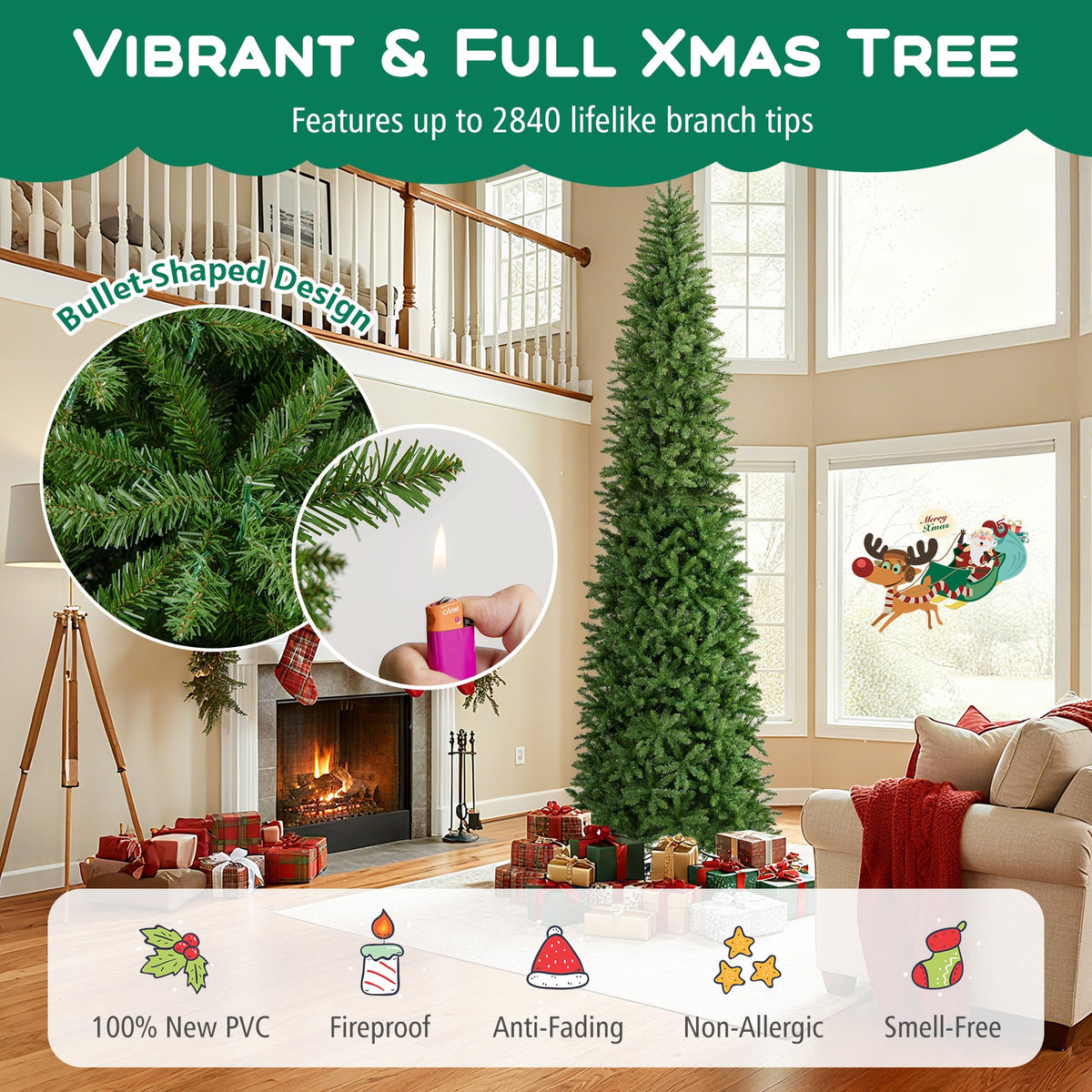 12 Feet Tall Pre-Lit Artificial Christmas Tree Outdoor Indoor Slim Pencil Tree with Lights