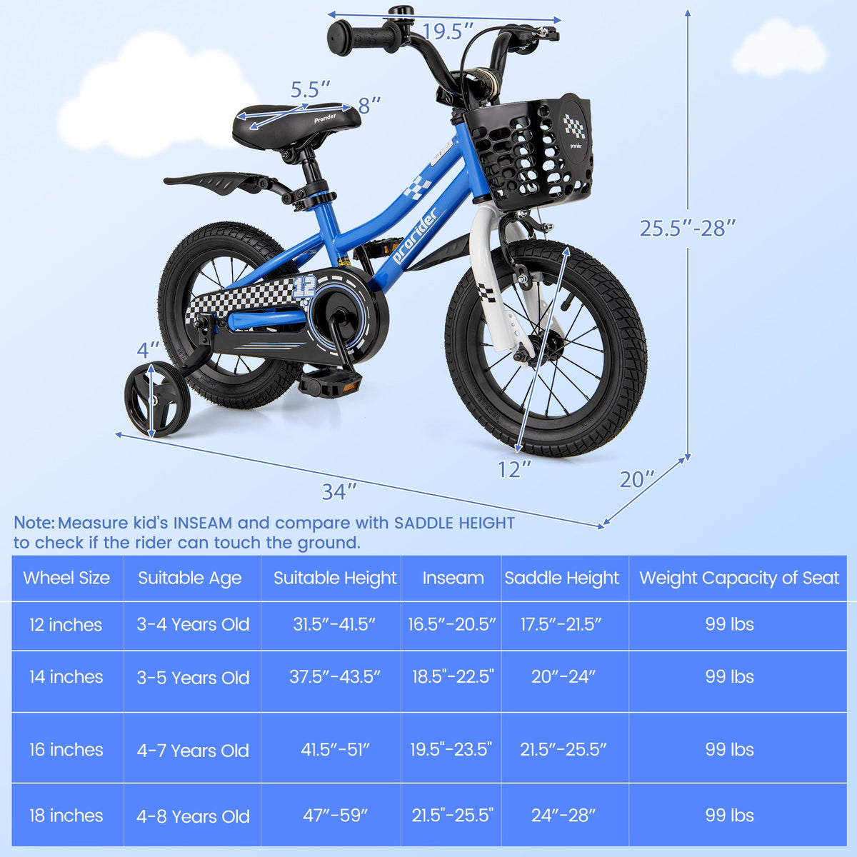 12 Inch Kids Bike Children Bicycle with Training Wheels for 3-4 Years Old