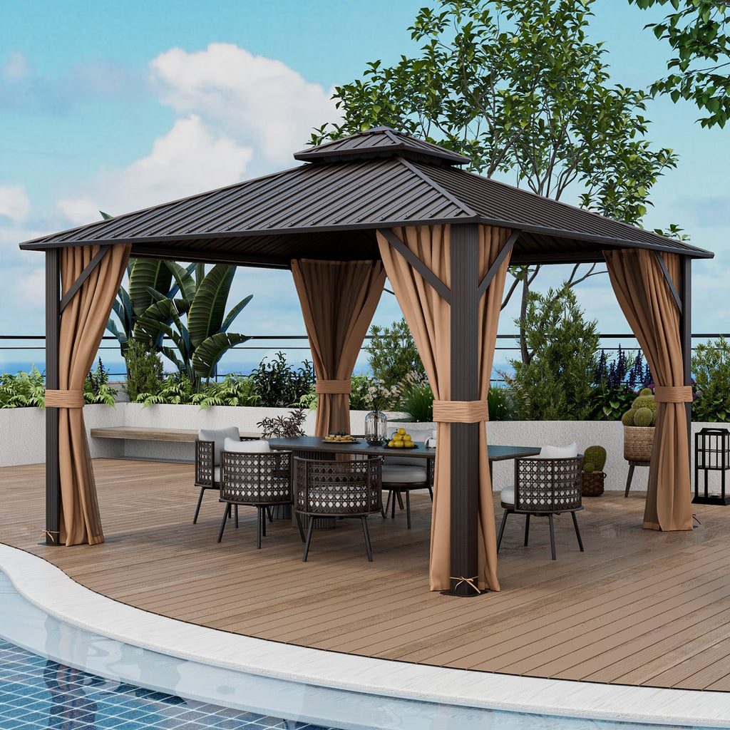 12 x 12 Feet Double-Roof Patio Hardtop Gazebo with Galvanized Steel Roof Netting and Curtains-Coffee