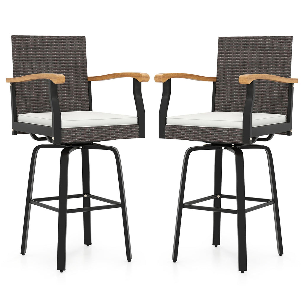 Set of 2 Outdoor 360¬∞ Swivel Bar Stool with Cushion and Acacia Wood Armrests