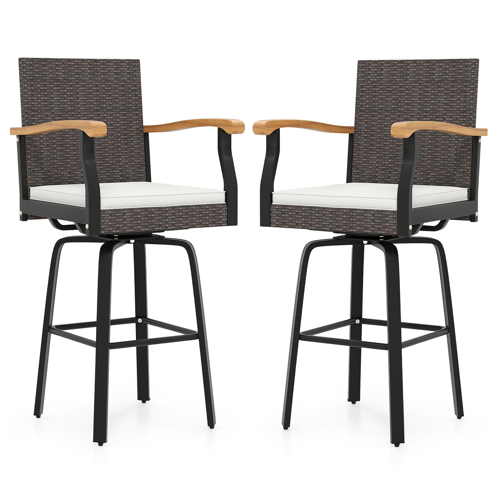 Set of 2 Outdoor 360¬∞ Swivel Bar Stool with Cushion and Acacia Wood Armrests