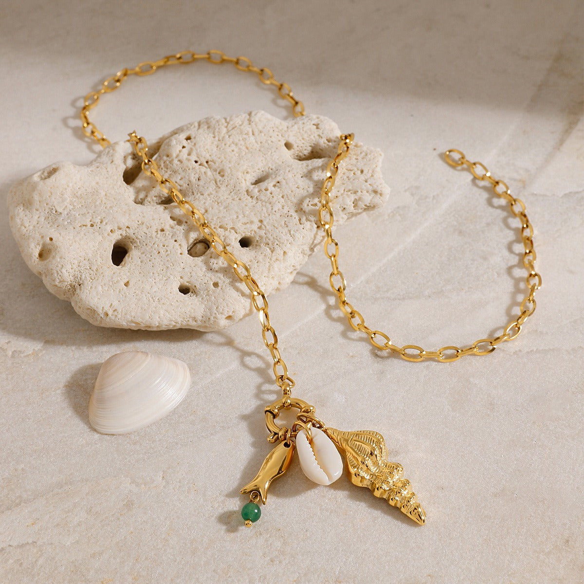 18K Gold Conch Shape Textured Beach Style Necklace