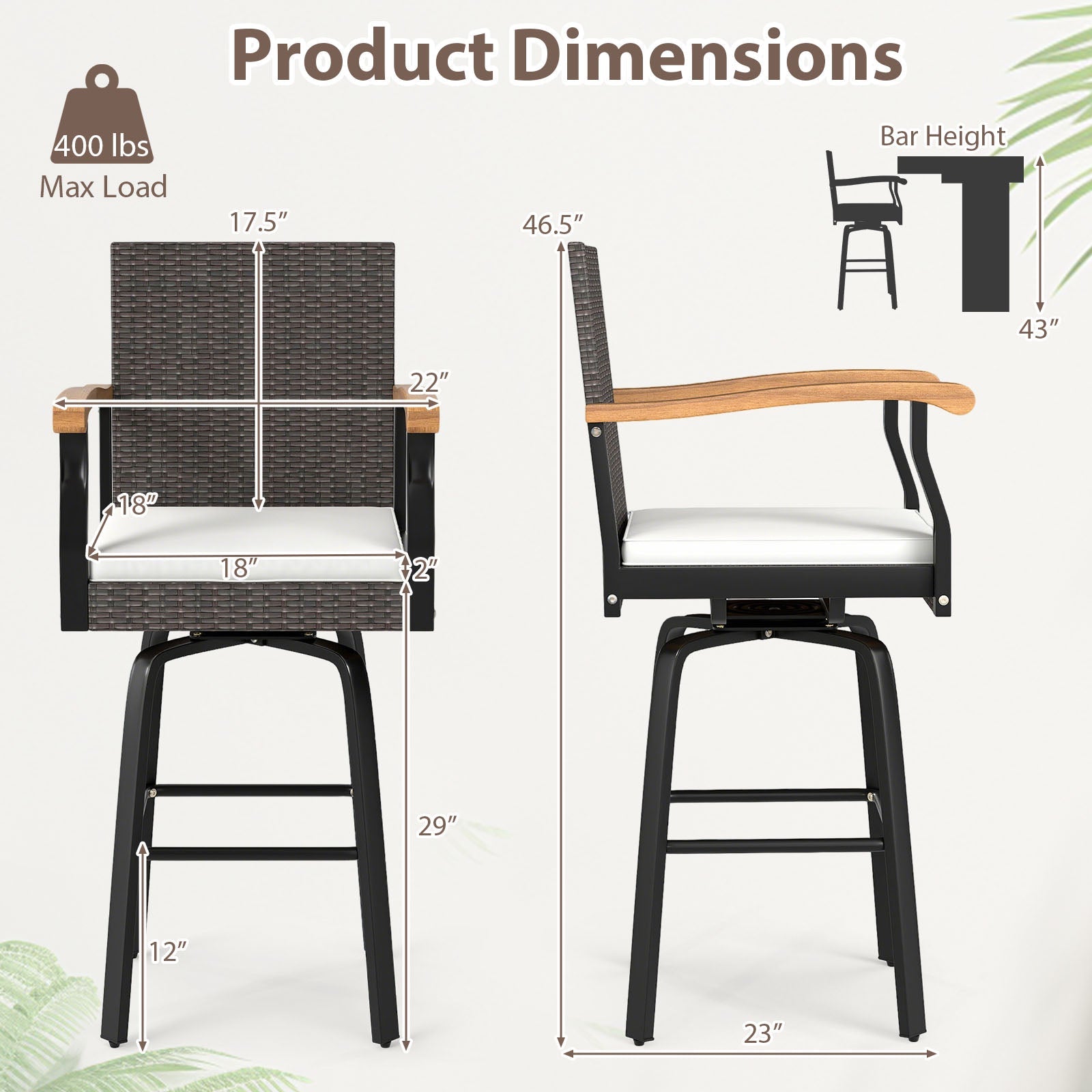 Set of 2 Outdoor 360¬∞ Swivel Bar Stool with Cushion and Acacia Wood Armrests