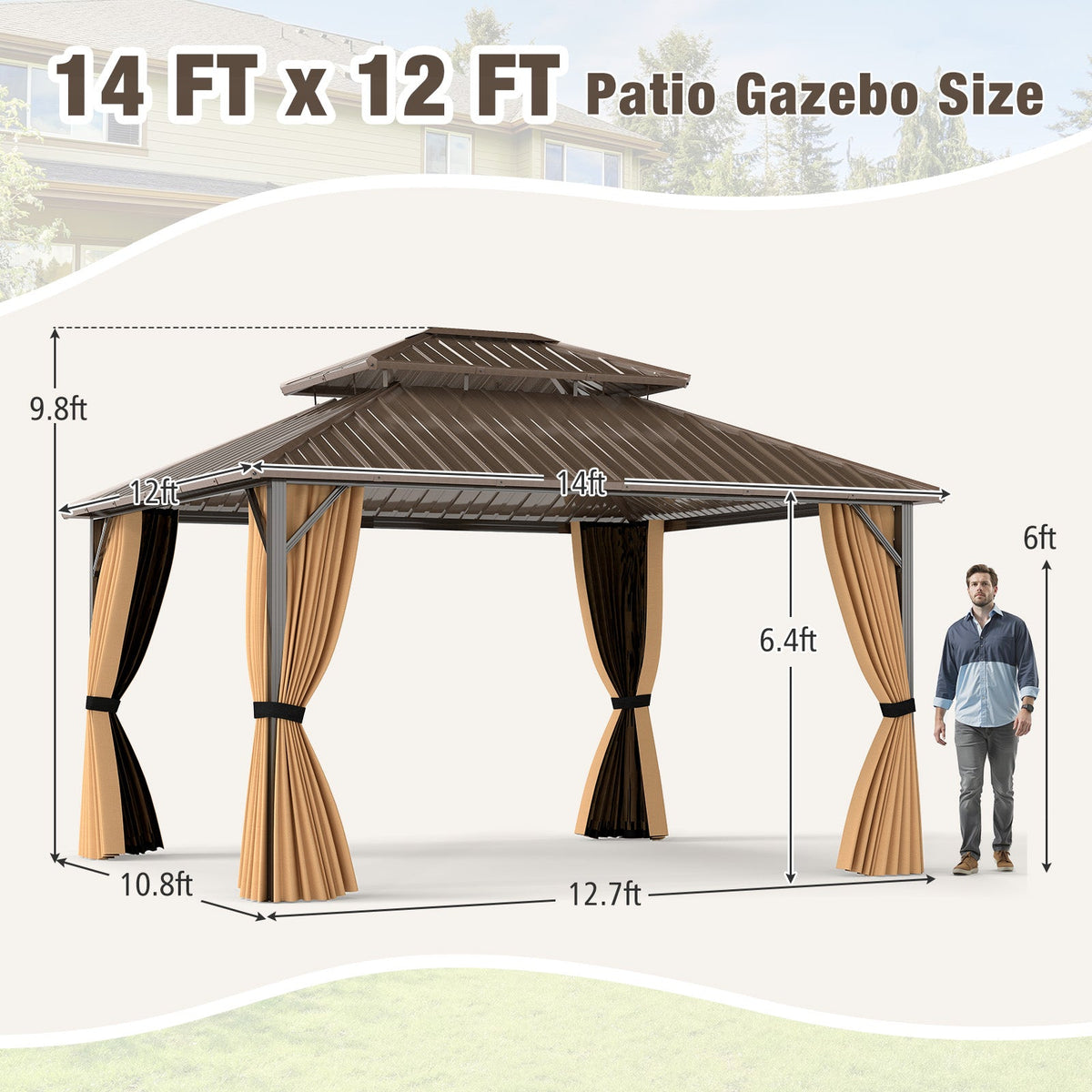 14 x 12 FT Hardtop Gazebo Outdoor Pergola for Patio Garden Deck Lawn Backyard Party Tent-Coffee