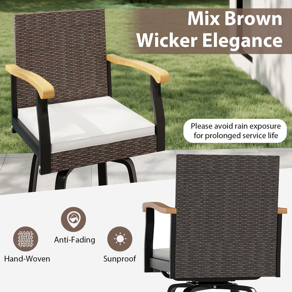 Set of 2 Outdoor 360¬∞ Swivel Bar Stool with Cushion and Acacia Wood Armrests