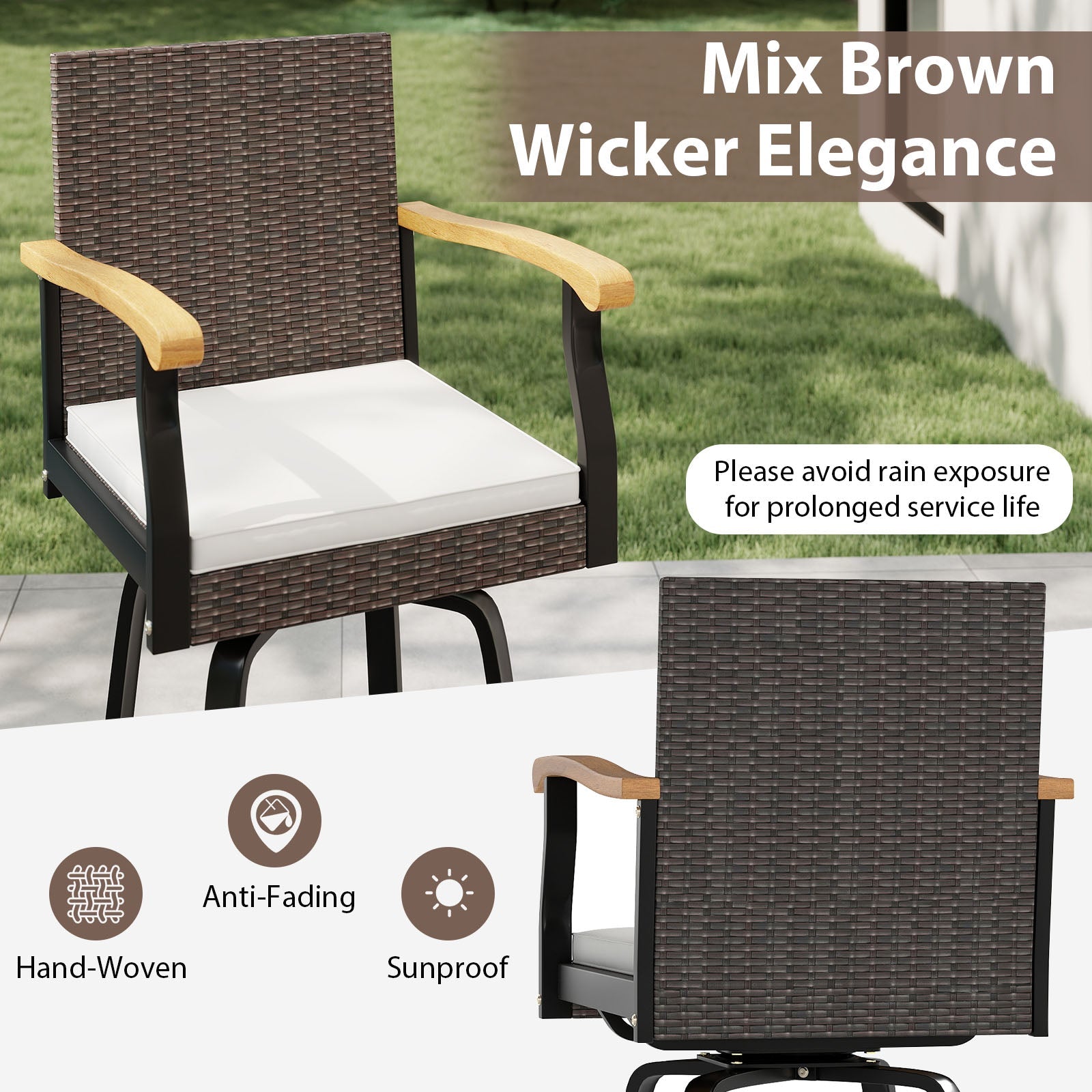 Set of 2 Outdoor 360¬∞ Swivel Bar Stool with Cushion and Acacia Wood Armrests
