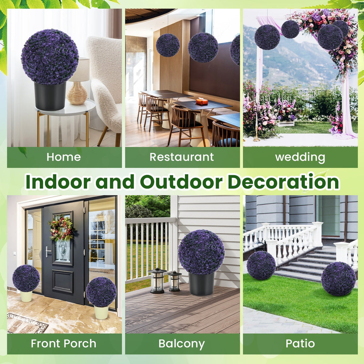 15 Inch Round Artificial Plant Boxwood Topiary Balls Set of 2 for Indoor Outdoor-Purple