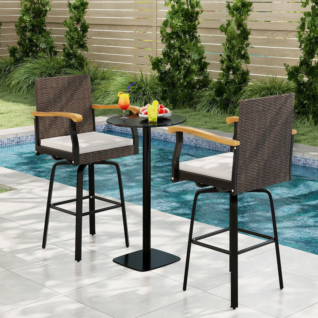Set of 2 Outdoor 360¬∞ Swivel Bar Stool with Cushion and Acacia Wood Armrests