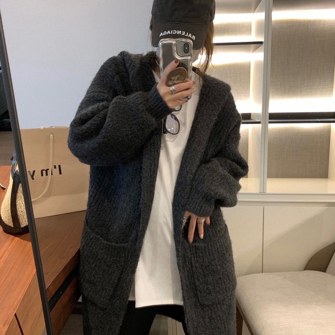 Womens Solid-Color Loose Hooded Sweater Jacket