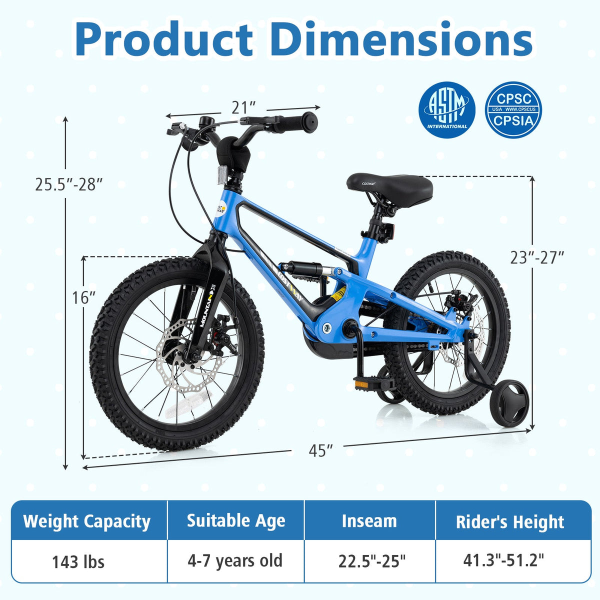 16 Inch Kids Bike Adjustable with Shock Absorber and Bell for Aged 4 to 7-16 inches