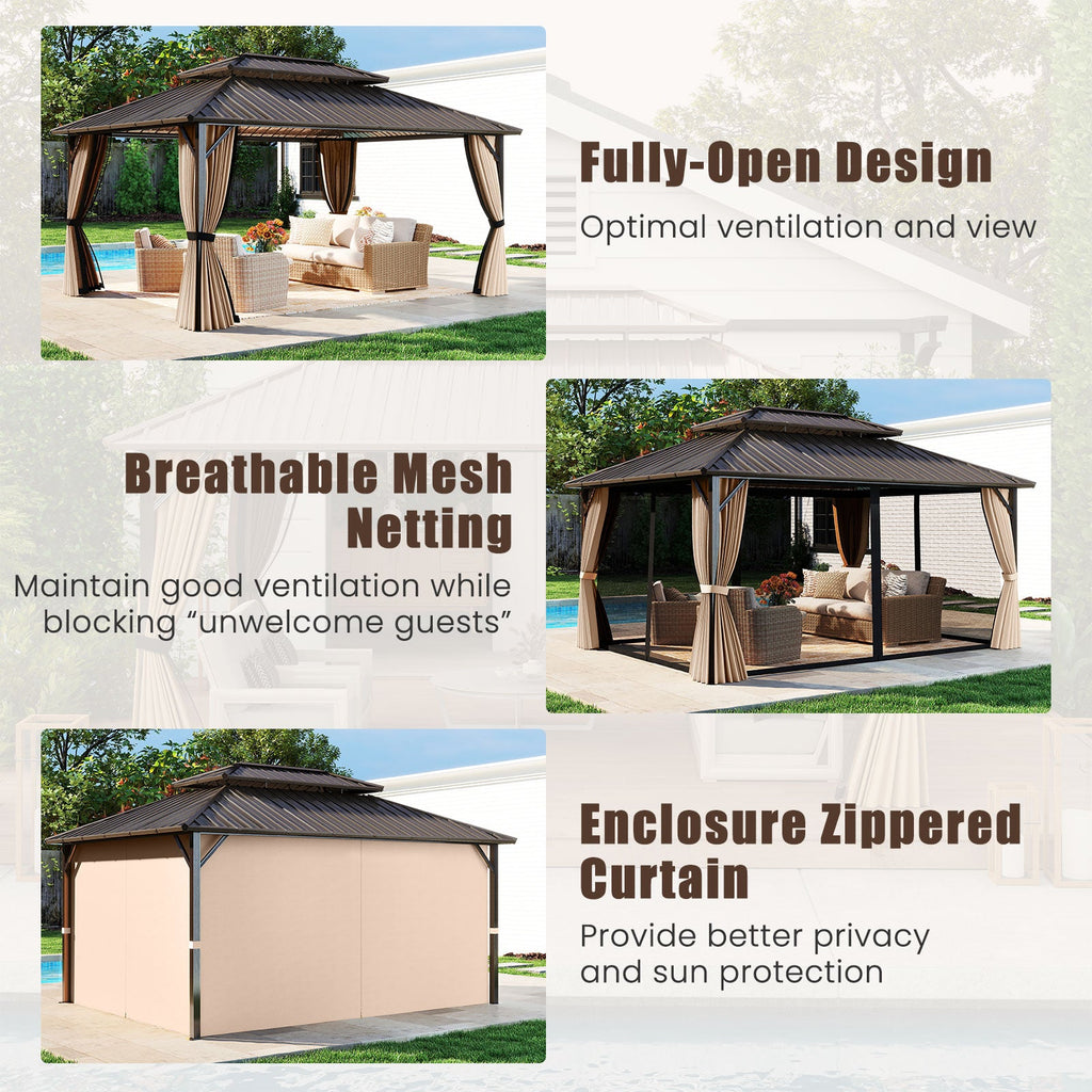 16 x 12 FT Hardtop Gazebo Outdoor Pergola for Patio Garden Deck Lawn Backyard Party Tent-Coffee