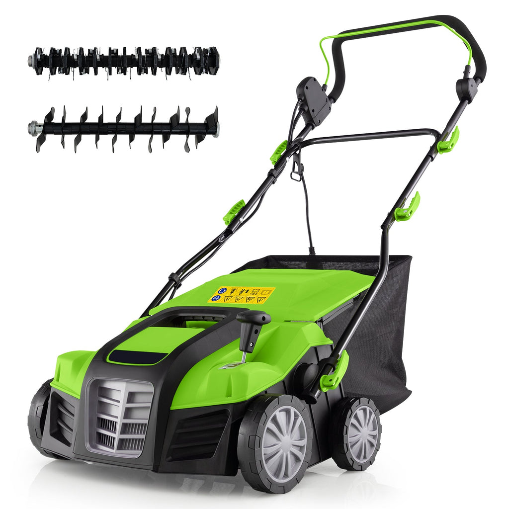 16-Inch Electric Lawn Dethatcher and Scarifier with Collection Bag