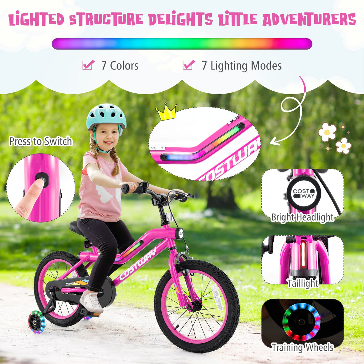 18 Inch LED Lighted Kids Bike with Training Wheels and Headlight for Ages 4-8 Years-18 inches