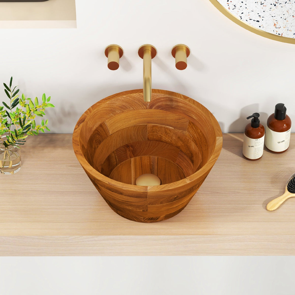 16 Inch Teak Wood Washbasin with Drainage Hole and Smooth Finish