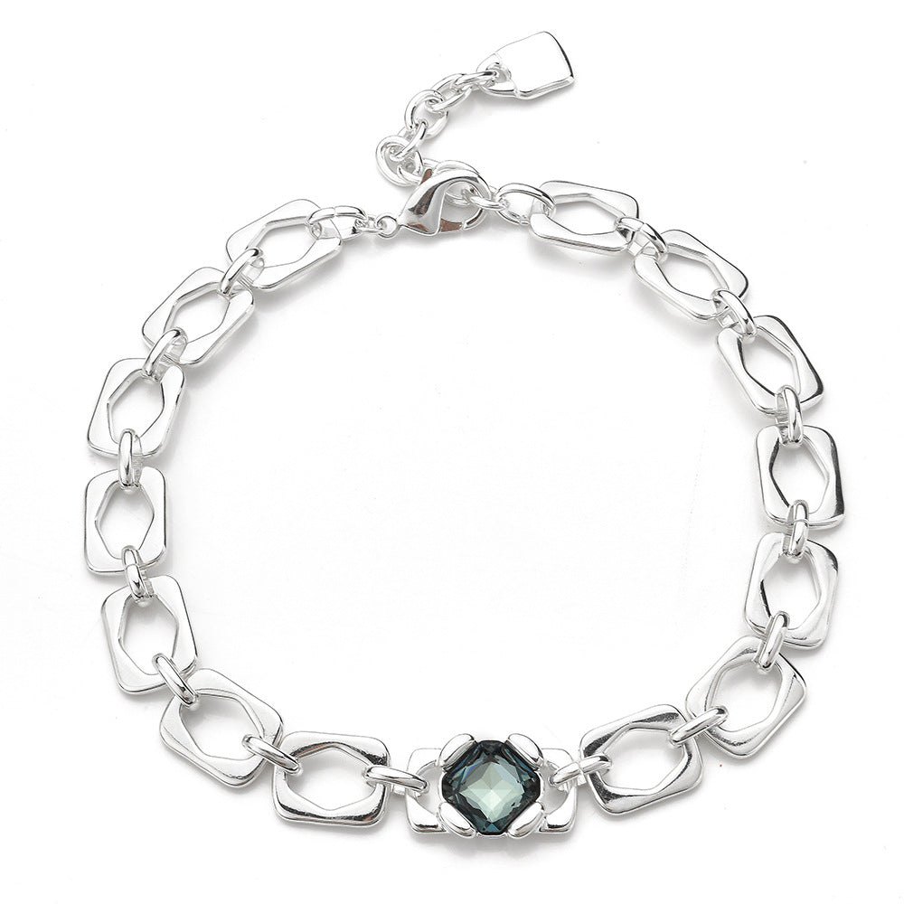 Thick Irregular Square Link Choker Necklace For Women, Smoky Grey Cubic Zirconia Chunky Silver Collarbone Chain, Cool European Spanish Fashion Jewelry