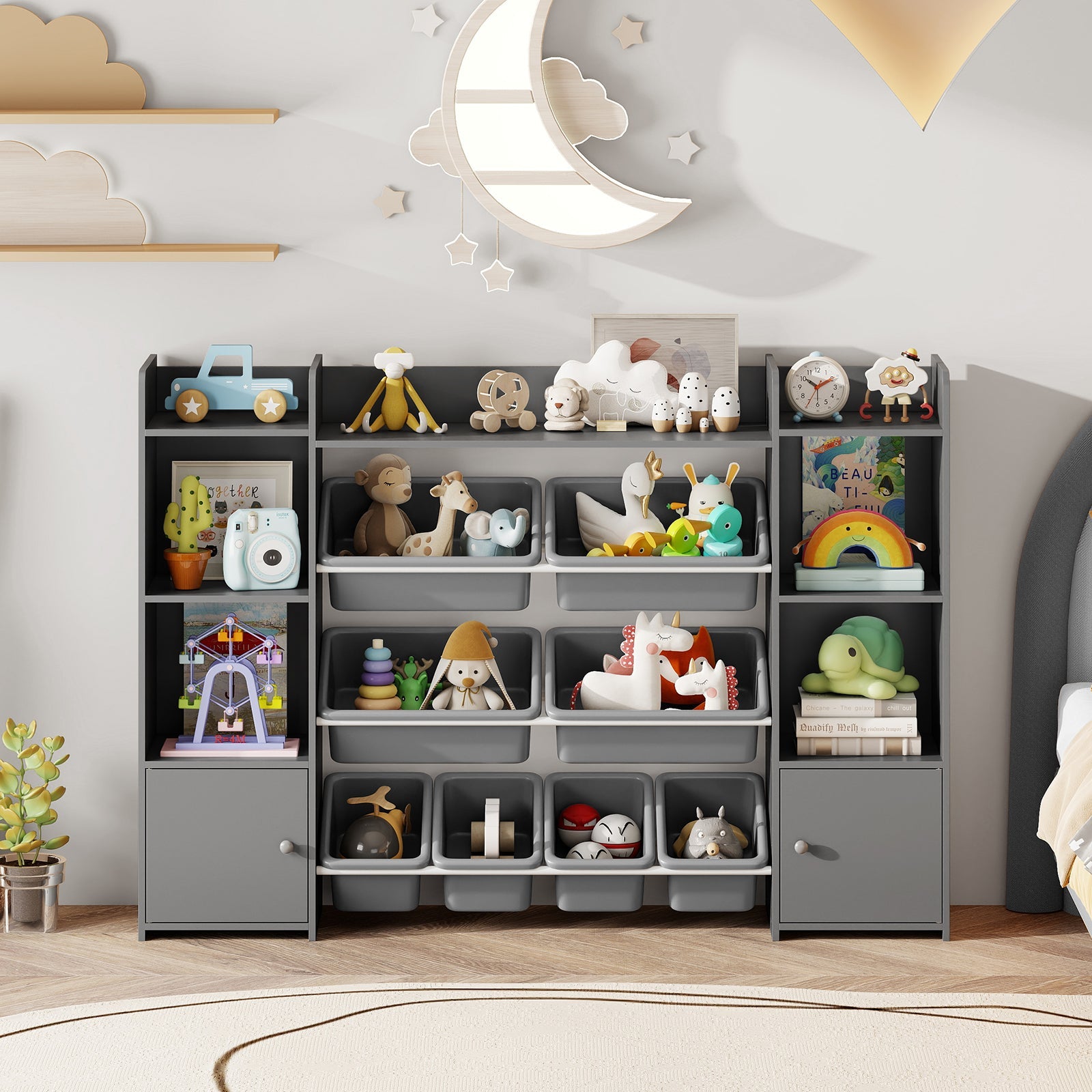 56 inch Large Toy Storage Organizer with 8 Removable Bins and Bookshelf