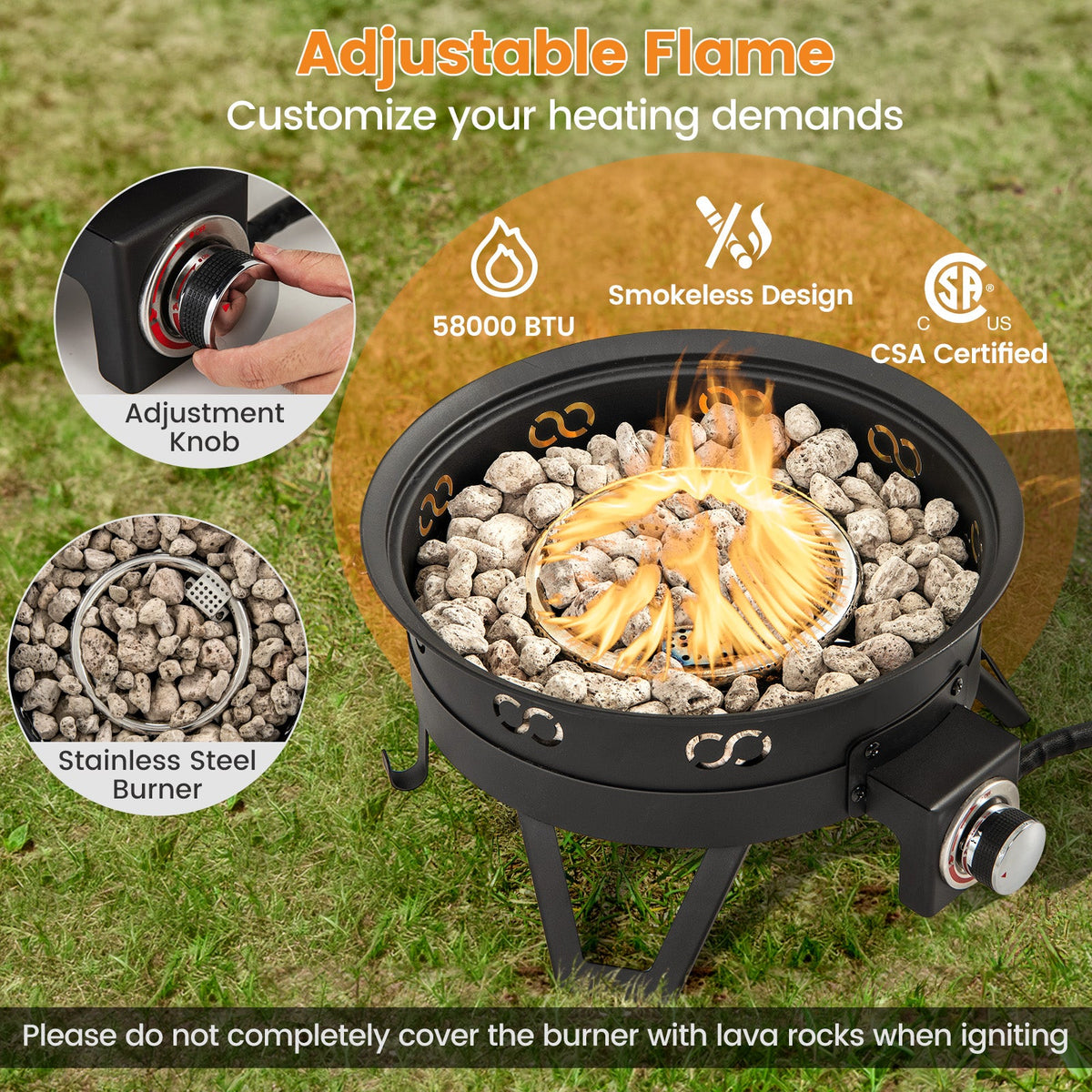 17 Inch Portable Gas Fire Pit with Folding Legs and Removable Grill for Camping-Black