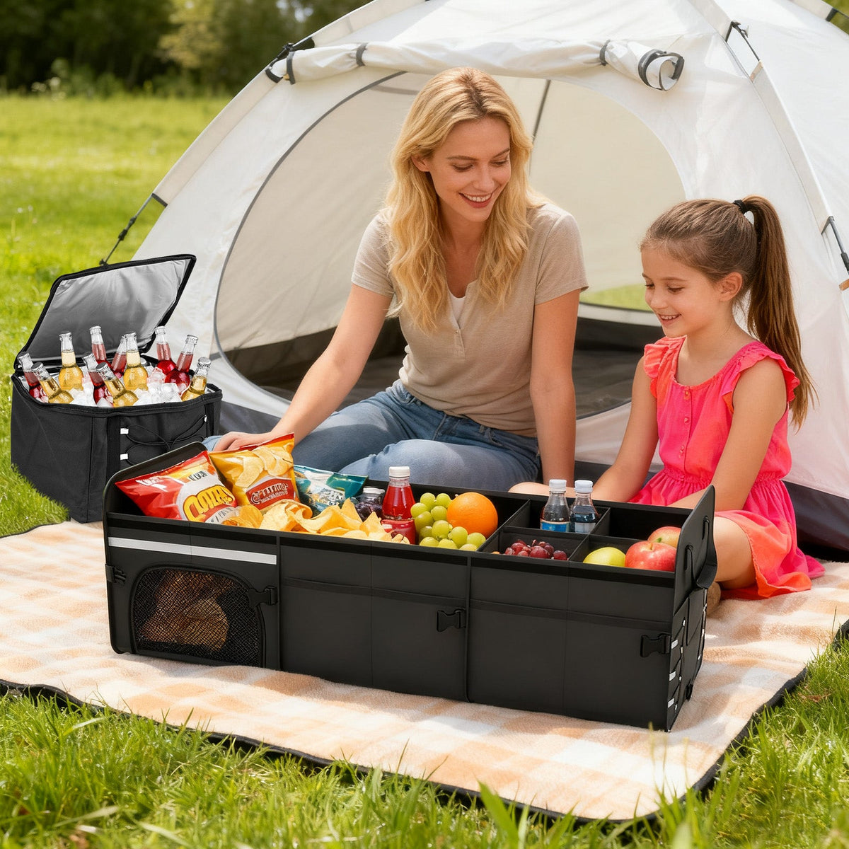 18 Gal Car Trunk Organizer with Lid 3-Compartment Portable Storage Box-Black
