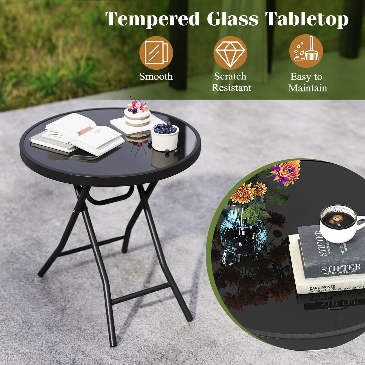 18 Inch Folding Side Table Patio Round Compact Coffee Table
