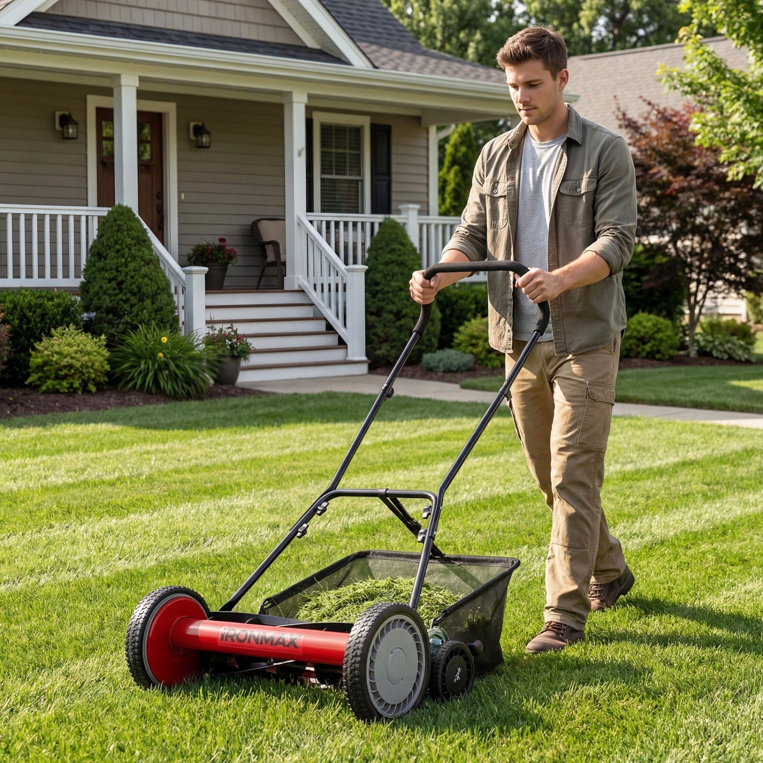 18 Inch Push Reel Lawn Mower 4-Position Adjustable with Removable Grass Catcher