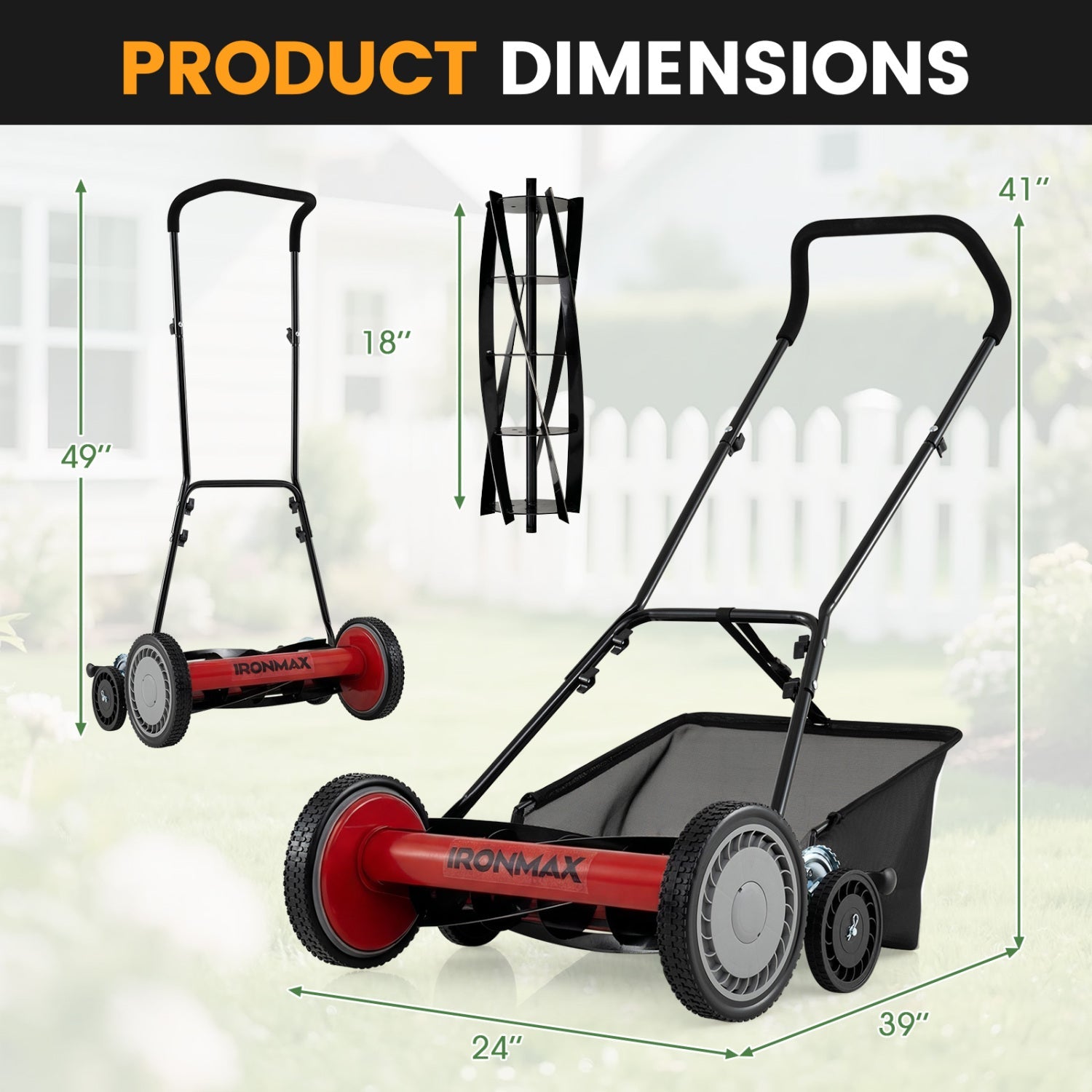 18 Inch Push Reel Lawn Mower 4-Position Adjustable with Removable Grass Catcher