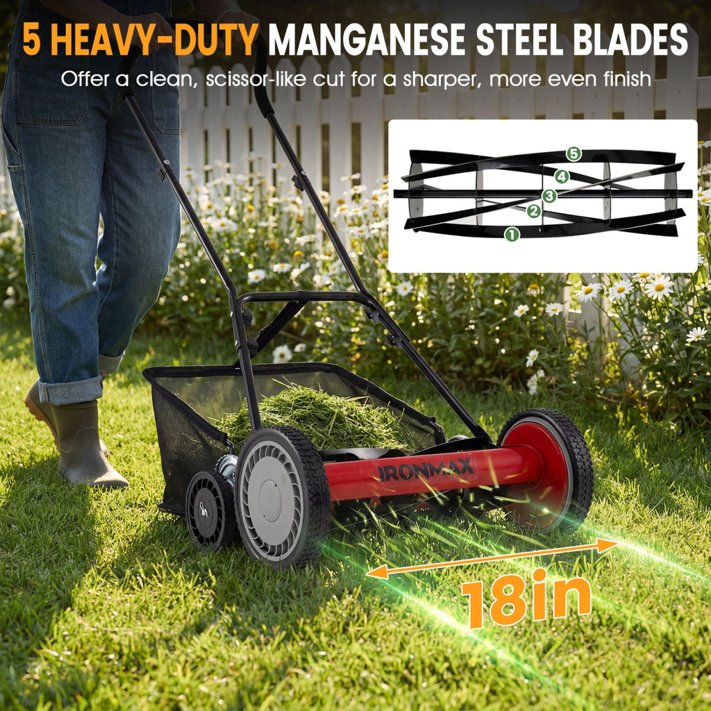 18 Inch Push Reel Lawn Mower 4-Position Adjustable with Removable Grass Catcher