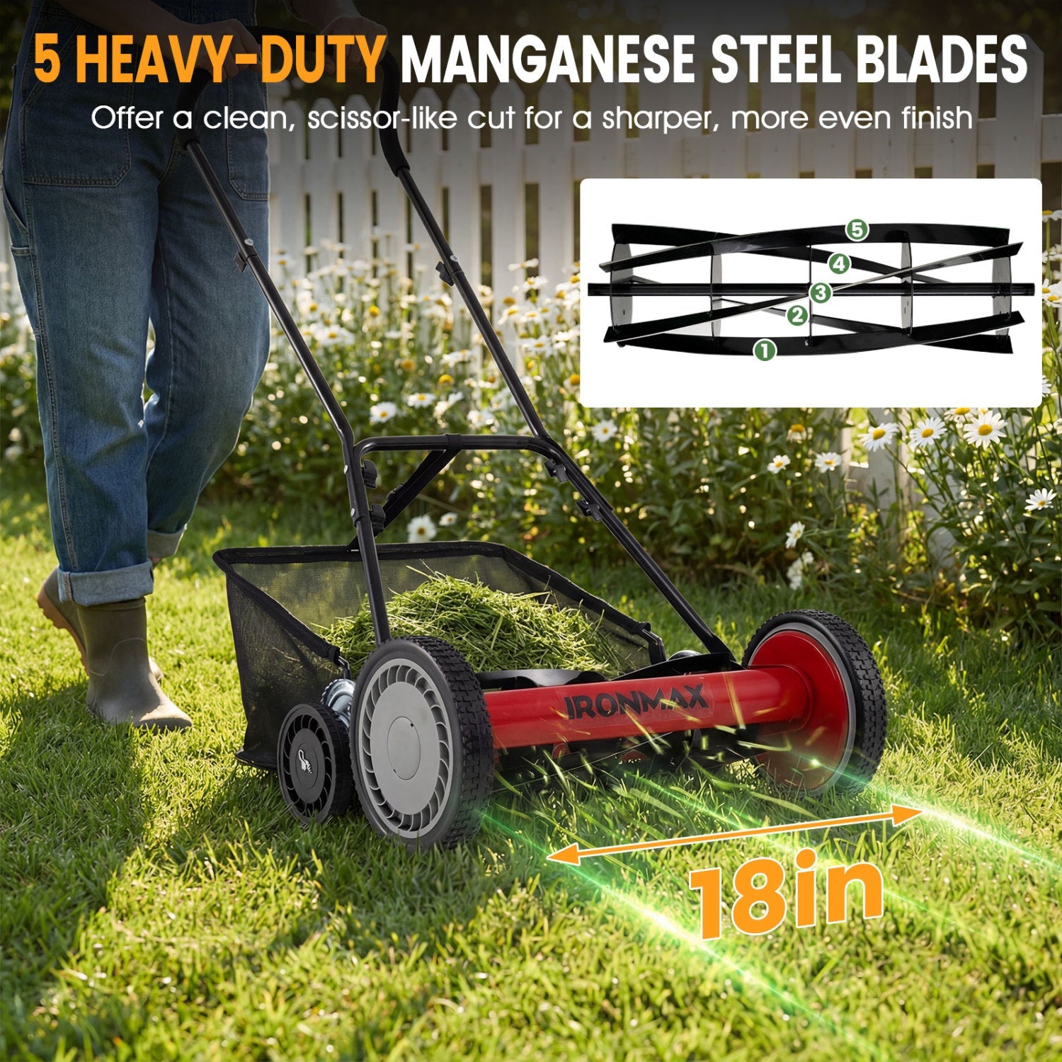 18 Inch Push Reel Lawn Mower 4-Position Adjustable with Removable Grass Catcher