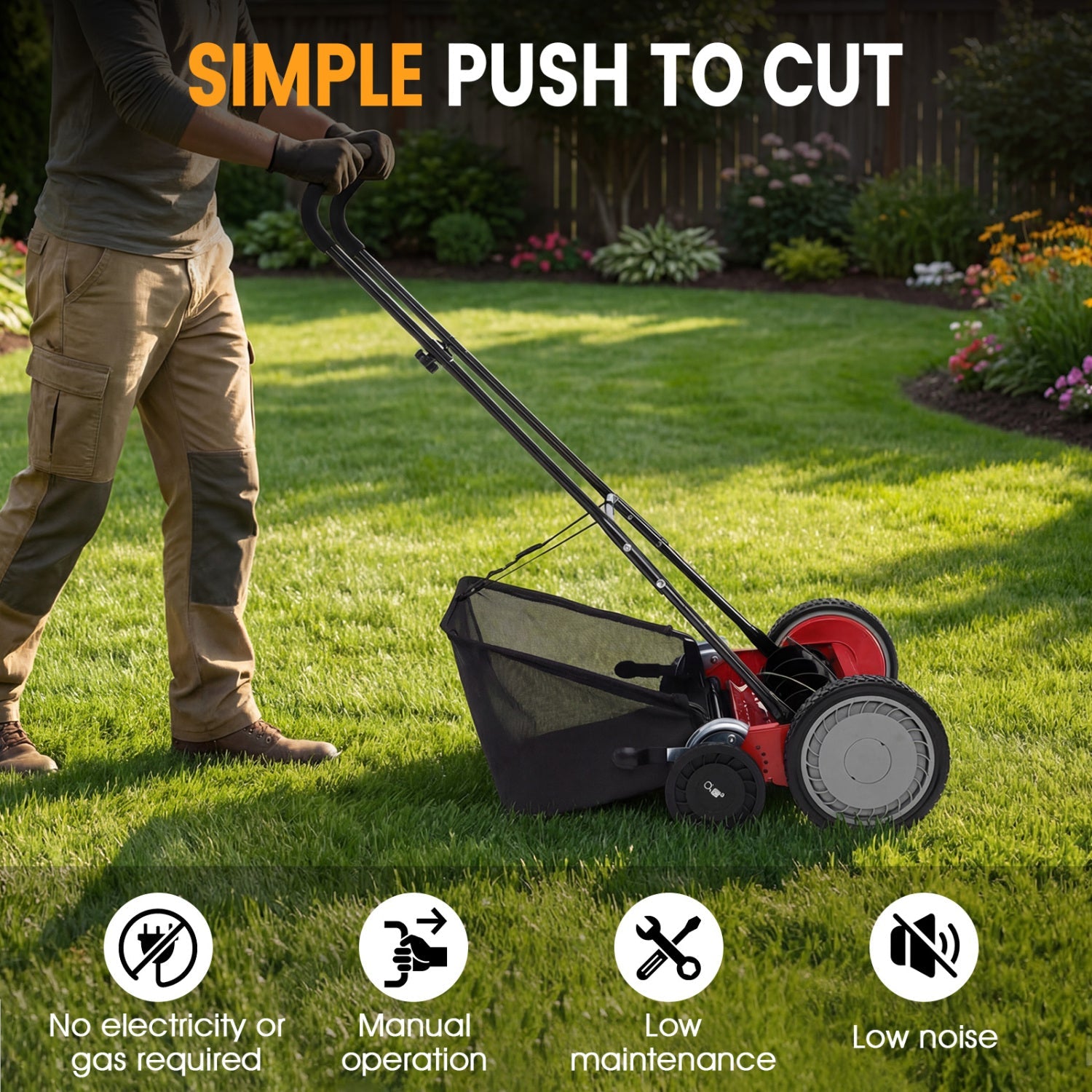 18 Inch Push Reel Lawn Mower 4-Position Adjustable with Removable Grass Catcher