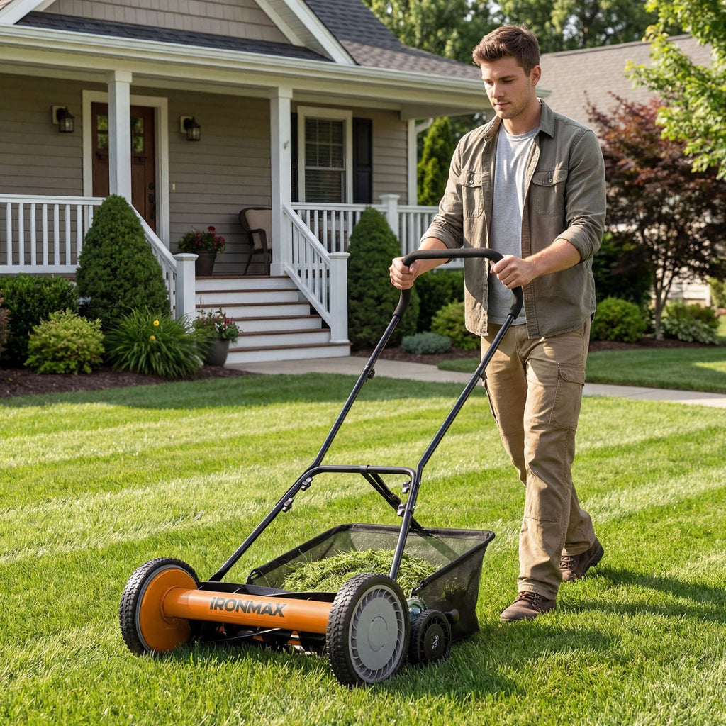 18 Inch Push Reel Lawn Mower 4-Position Adjustable with Removable Grass Catcher