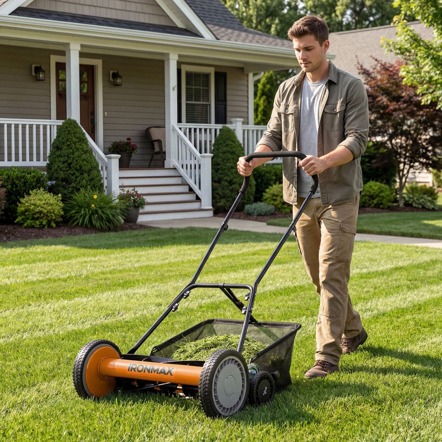 18 Inch Push Reel Lawn Mower 4-Position Adjustable with Removable Grass Catcher