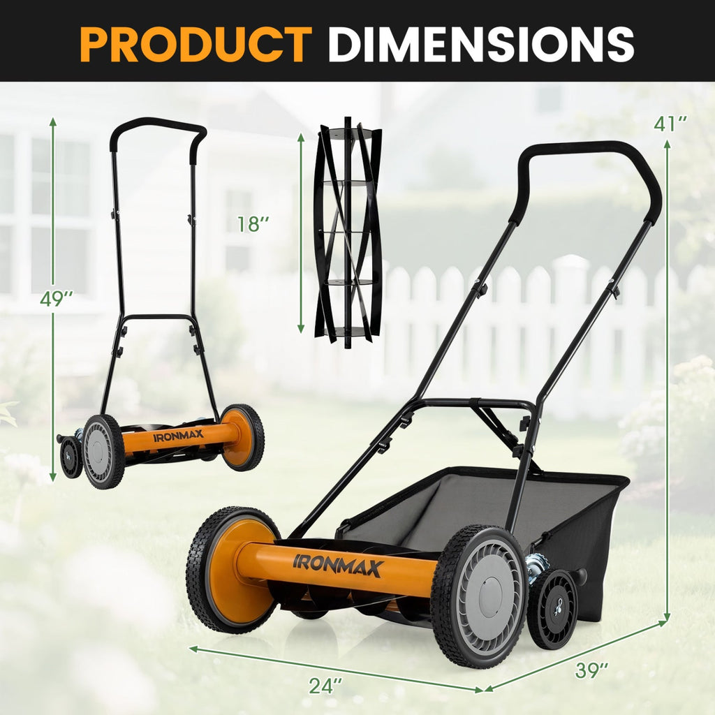 18 Inch Push Reel Lawn Mower 4-Position Adjustable with Removable Grass Catcher