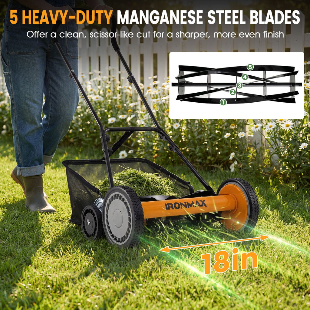 18 Inch Push Reel Lawn Mower 4-Position Adjustable with Removable Grass Catcher