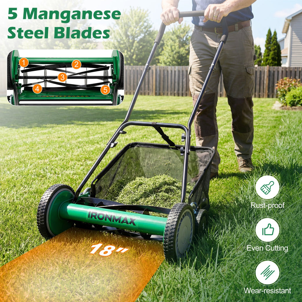 18 Inch Push Reel Lawn Mower 4-Position Adjustable with Removable Grass Catcher