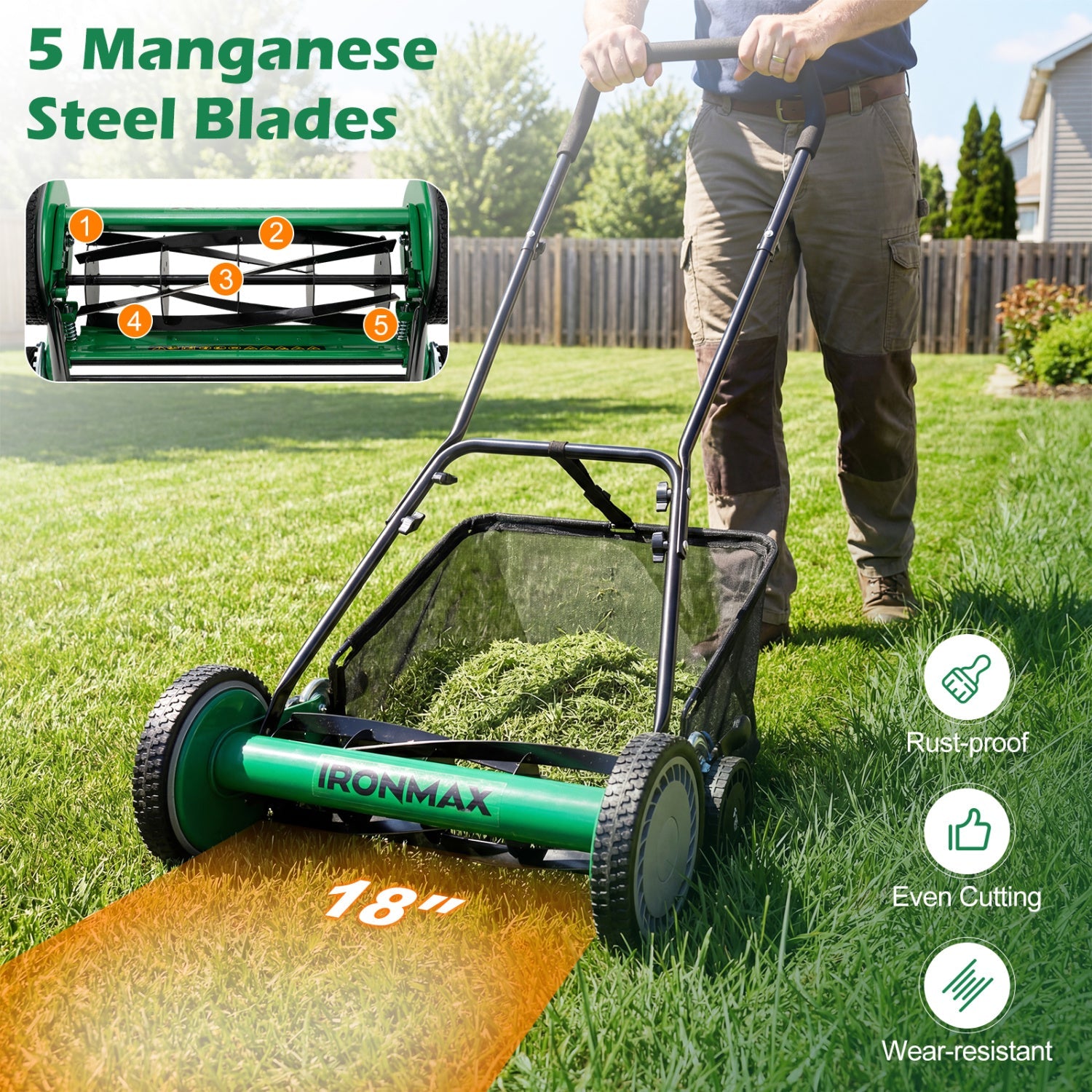 18 Inch Push Reel Lawn Mower 4-Position Adjustable with Removable Grass Catcher
