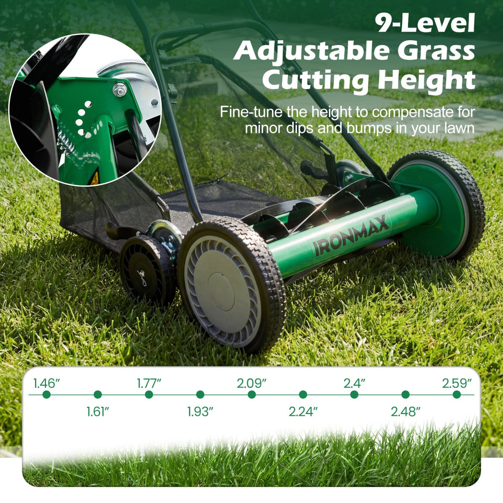 18 Inch Push Reel Lawn Mower 4-Position Adjustable with Removable Grass Catcher