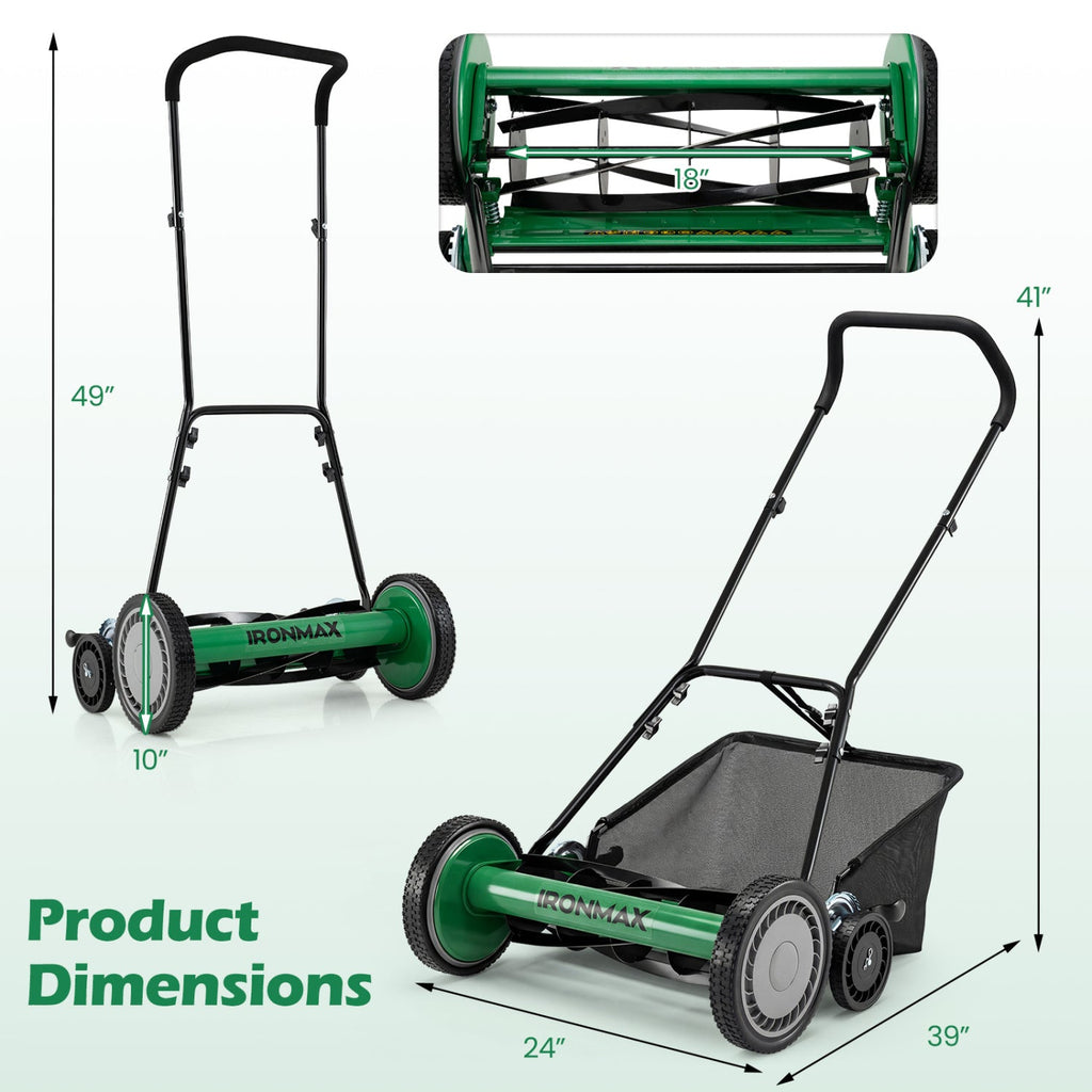 18 Inch Push Reel Lawn Mower 4-Position Adjustable with Removable Grass Catcher
