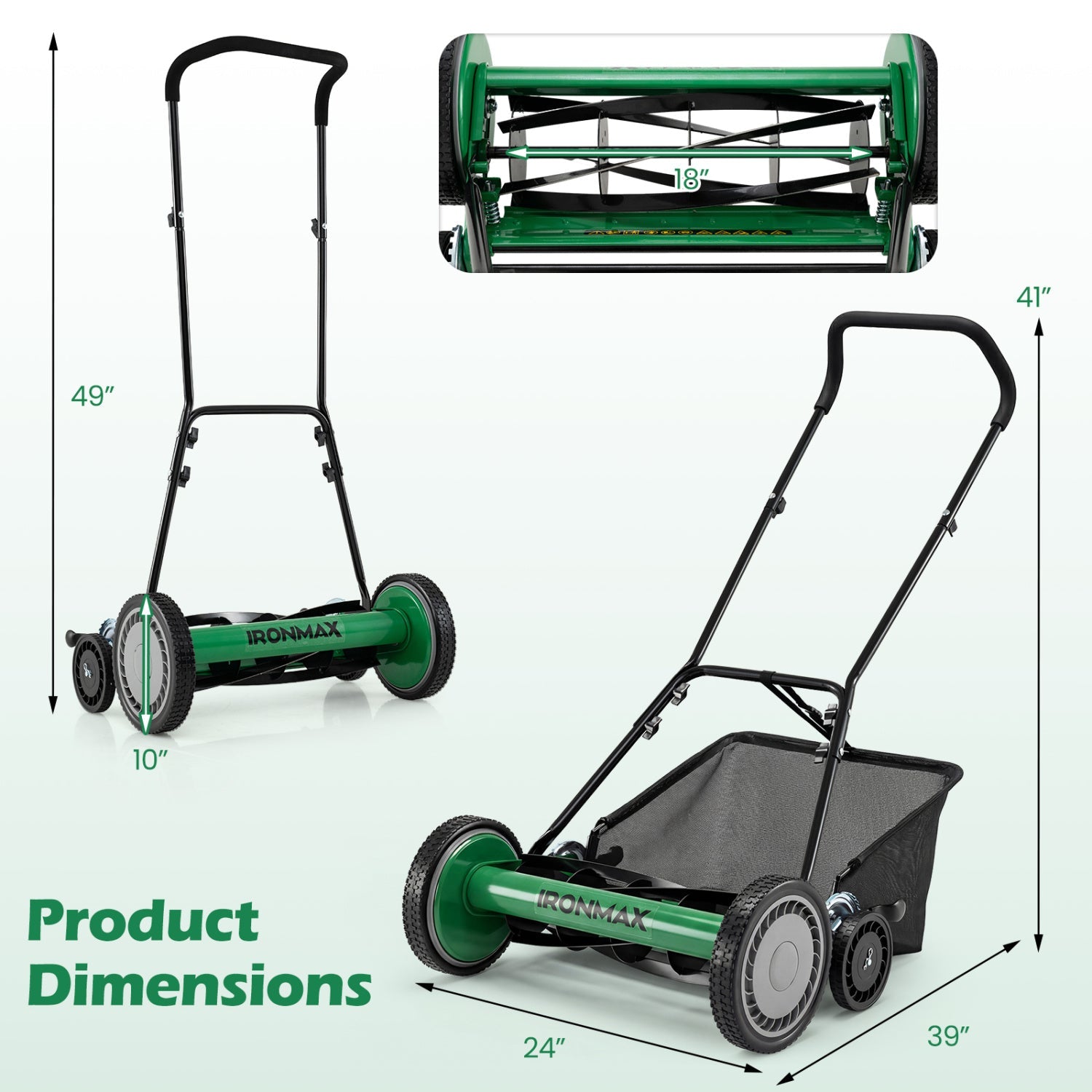 18 Inch Push Reel Lawn Mower 4-Position Adjustable with Removable Grass Catcher