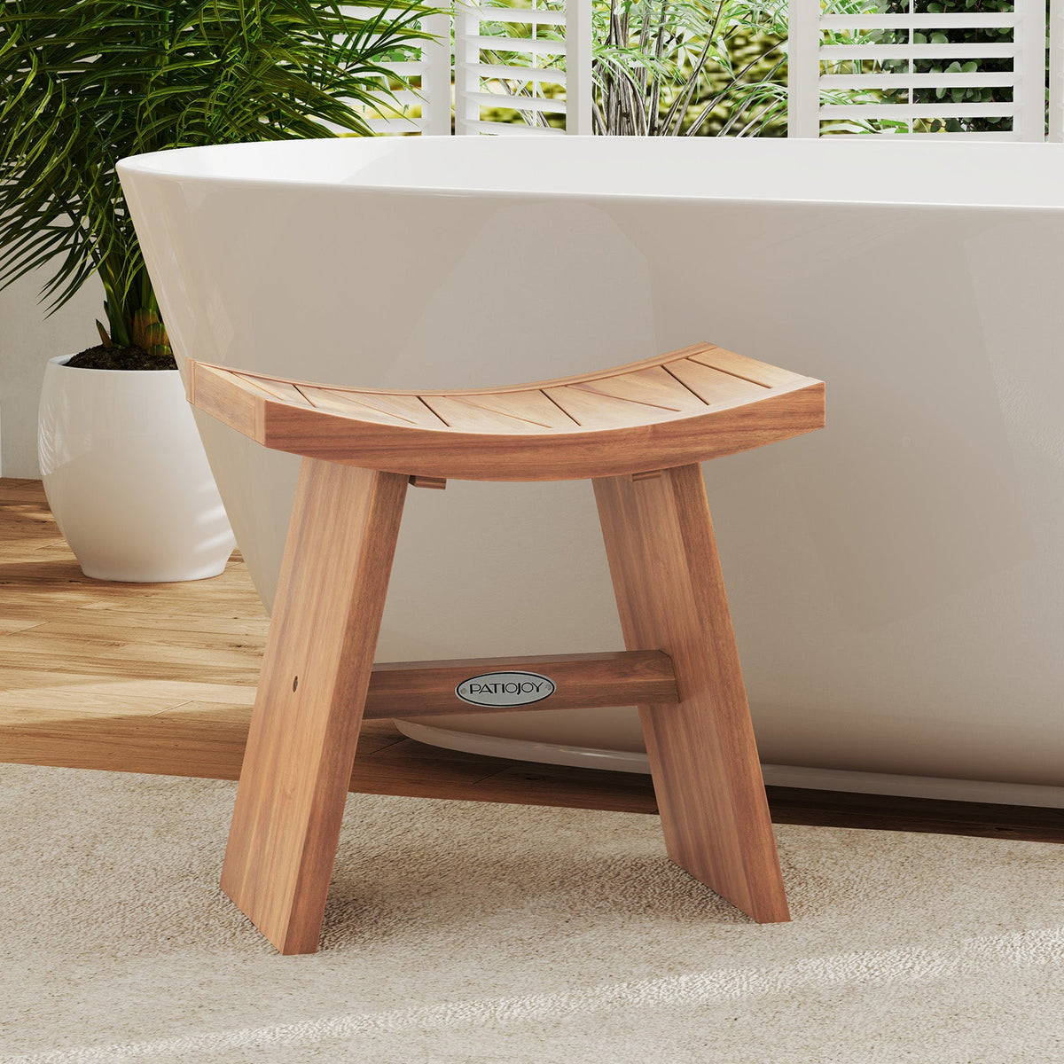18 Inch Teak Wood Shower Bench with Curved Seat for Bathroom