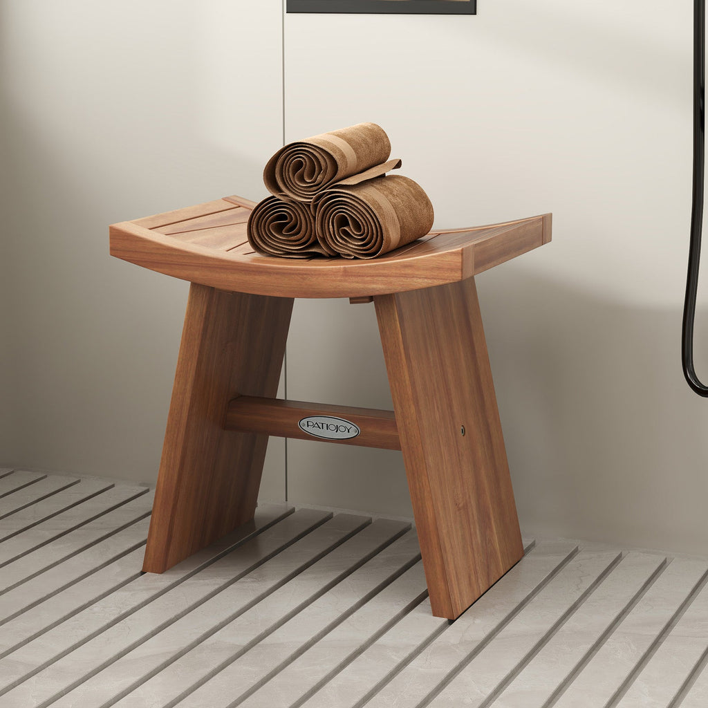 18 Inch Teak Wood Shower Bench with Curved Seat for Bathroom