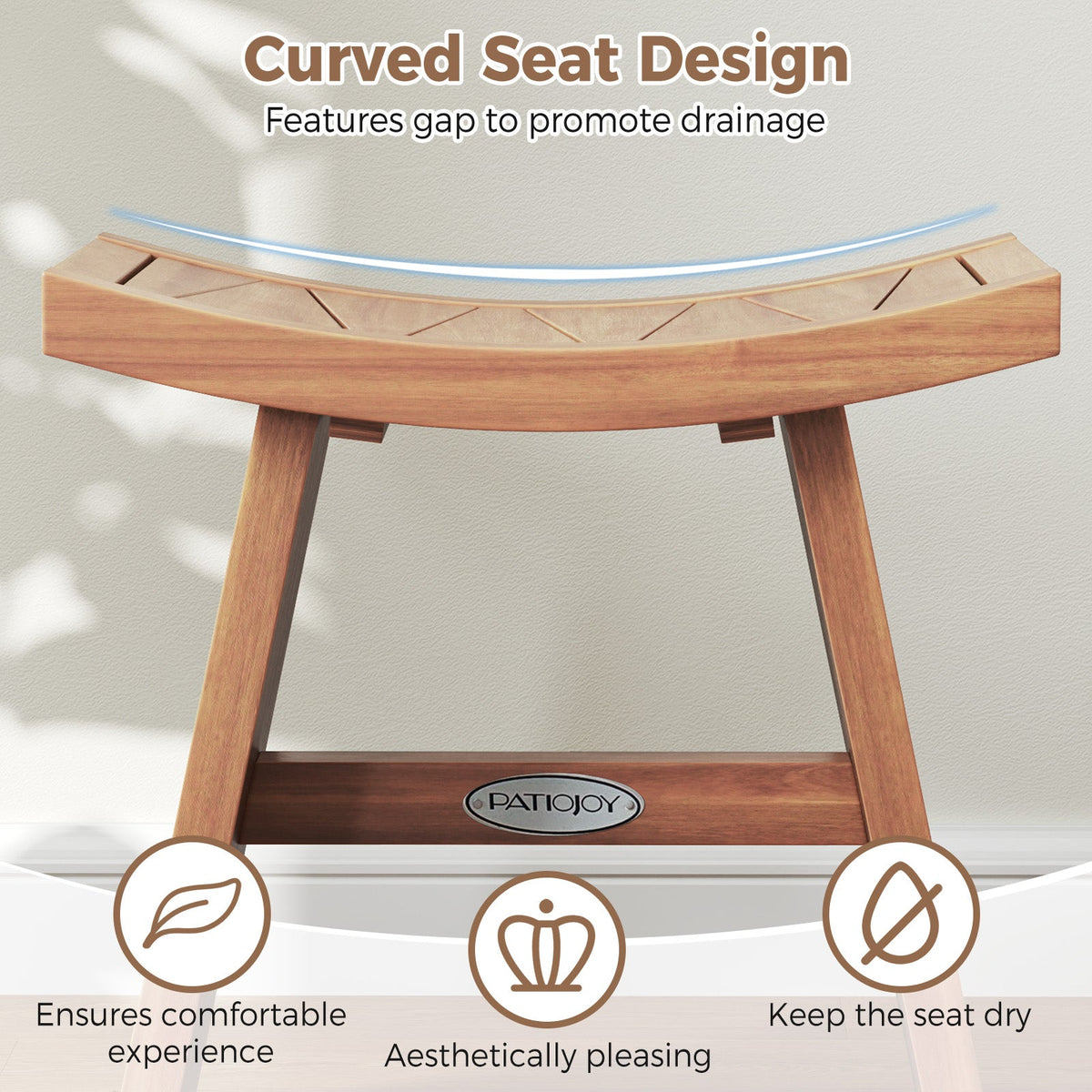18 Inch Teak Wood Shower Bench with Curved Seat for Bathroom