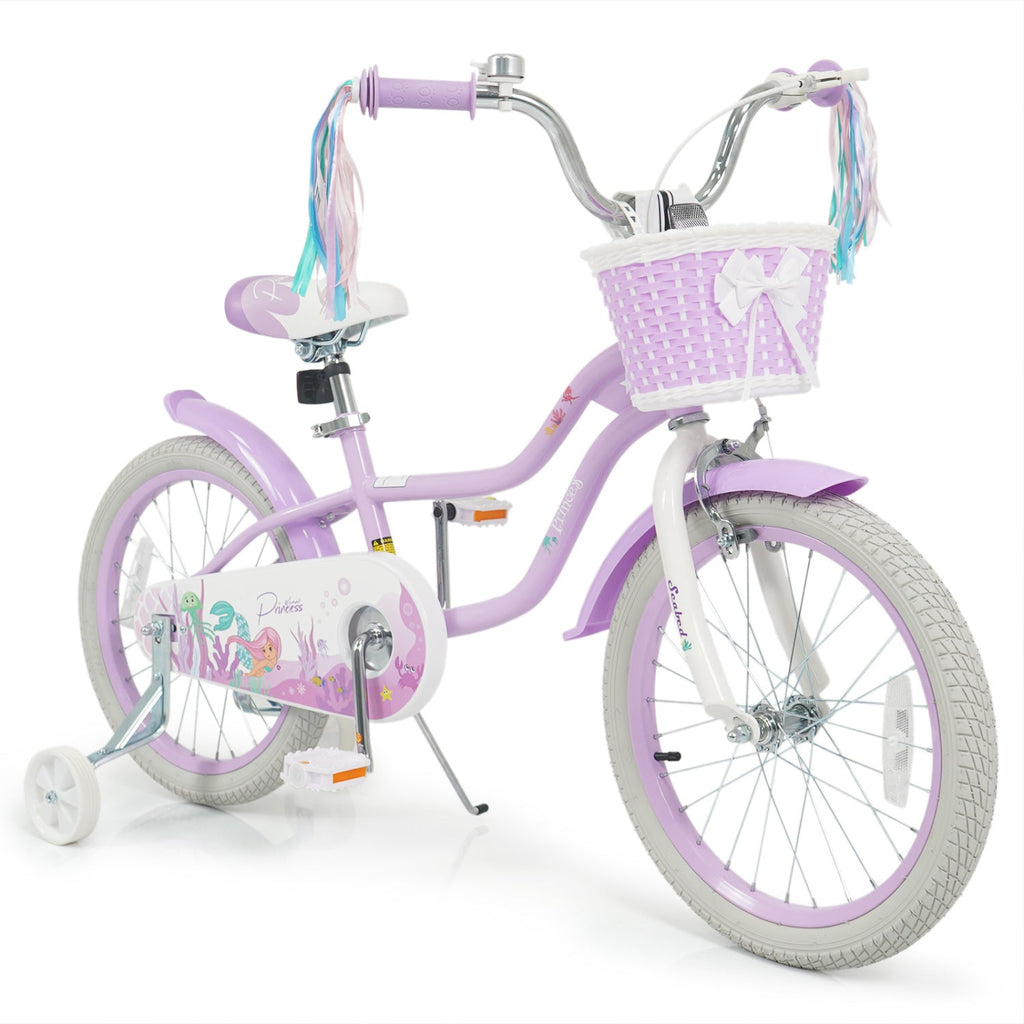18-Inch Kids Bike Adjustable with Basket and Streamers Purple - Princess of the Sea Theme