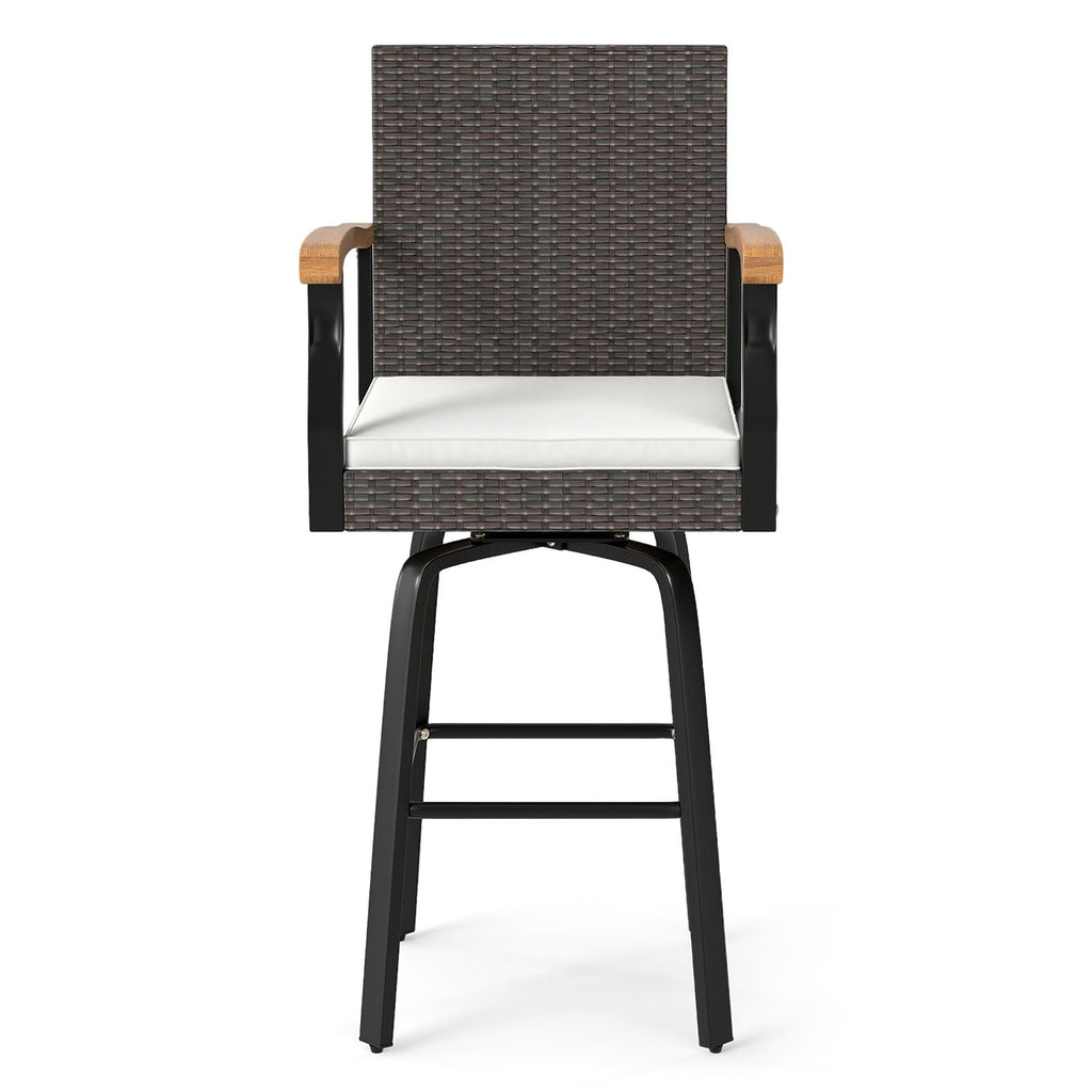 Set of 2 Outdoor 360¬∞ Swivel Bar Stool with Cushion and Acacia Wood Armrests