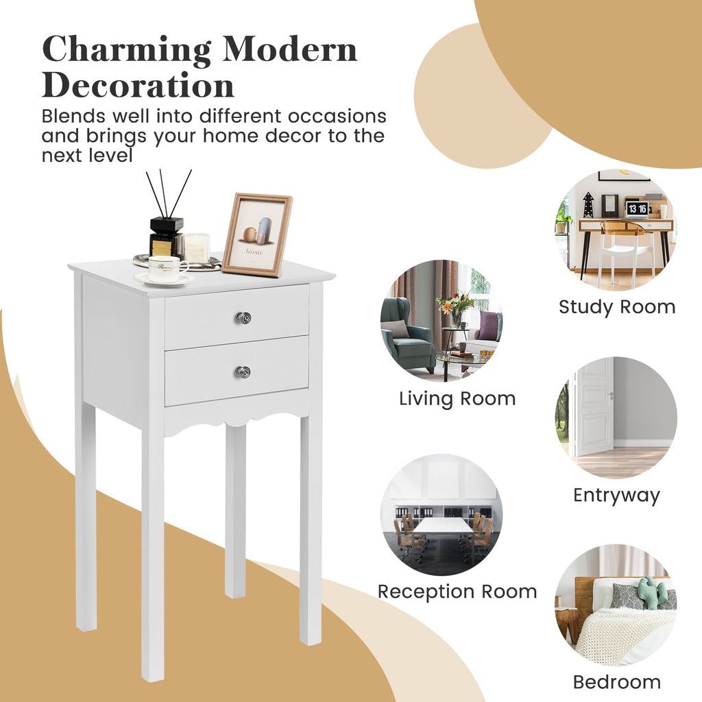 Side Table End Accent Table with 2 Drawers-White