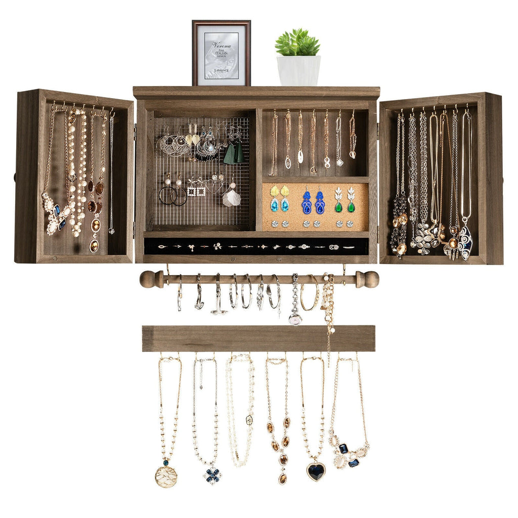 Vintage Wood Wall Mounted Jewelry Organizer with Barn Door-Brown