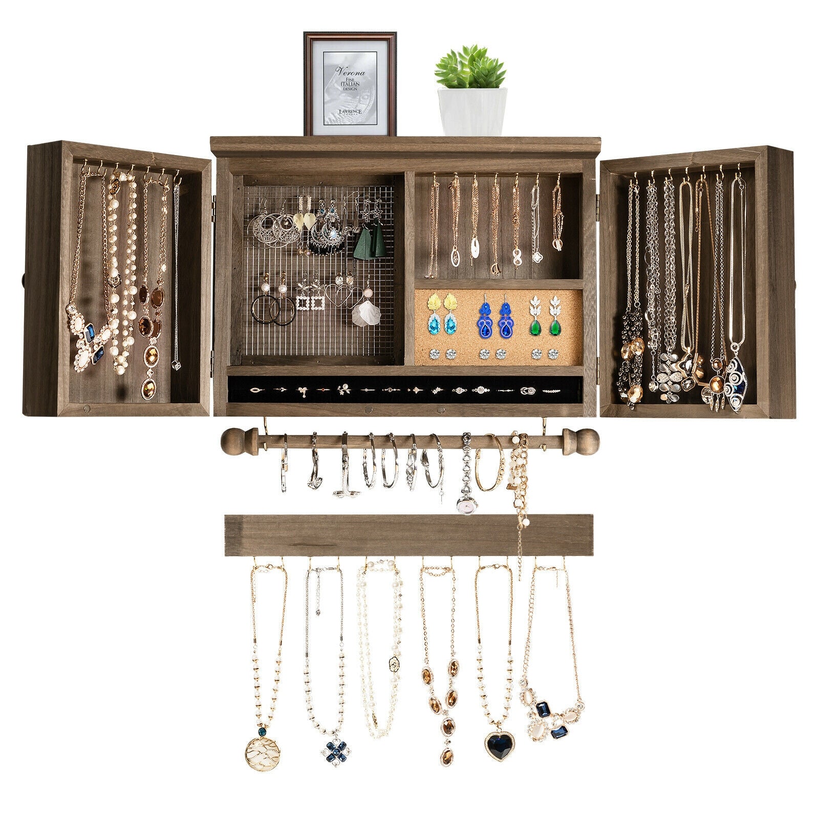 Vintage Wood Wall Mounted Jewelry Organizer with Barn Door-Brown