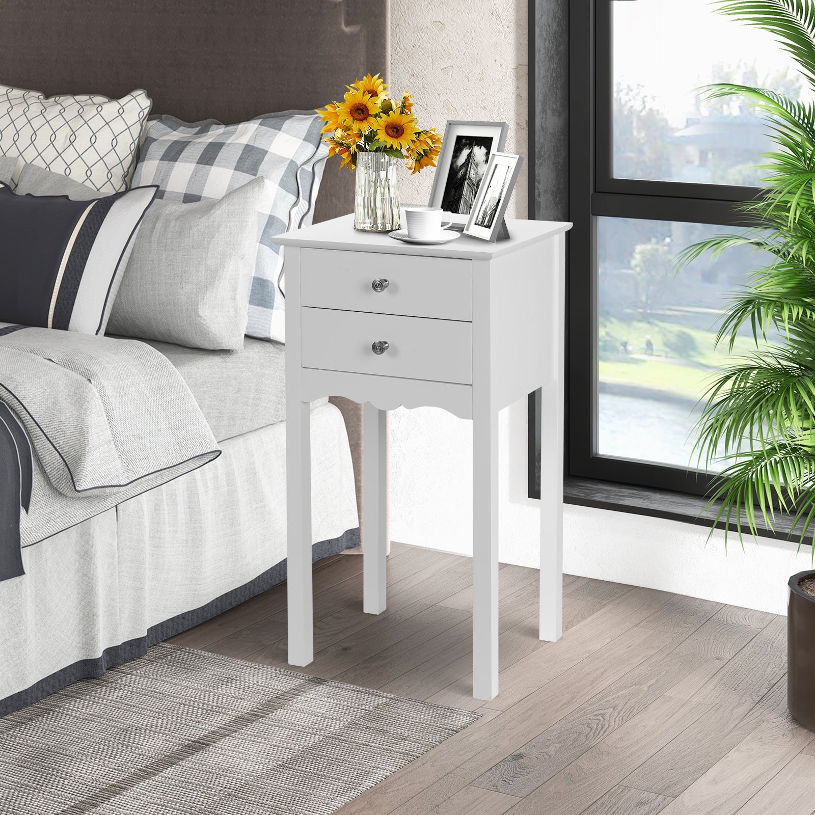 Side Table End Accent Table with 2 Drawers-White