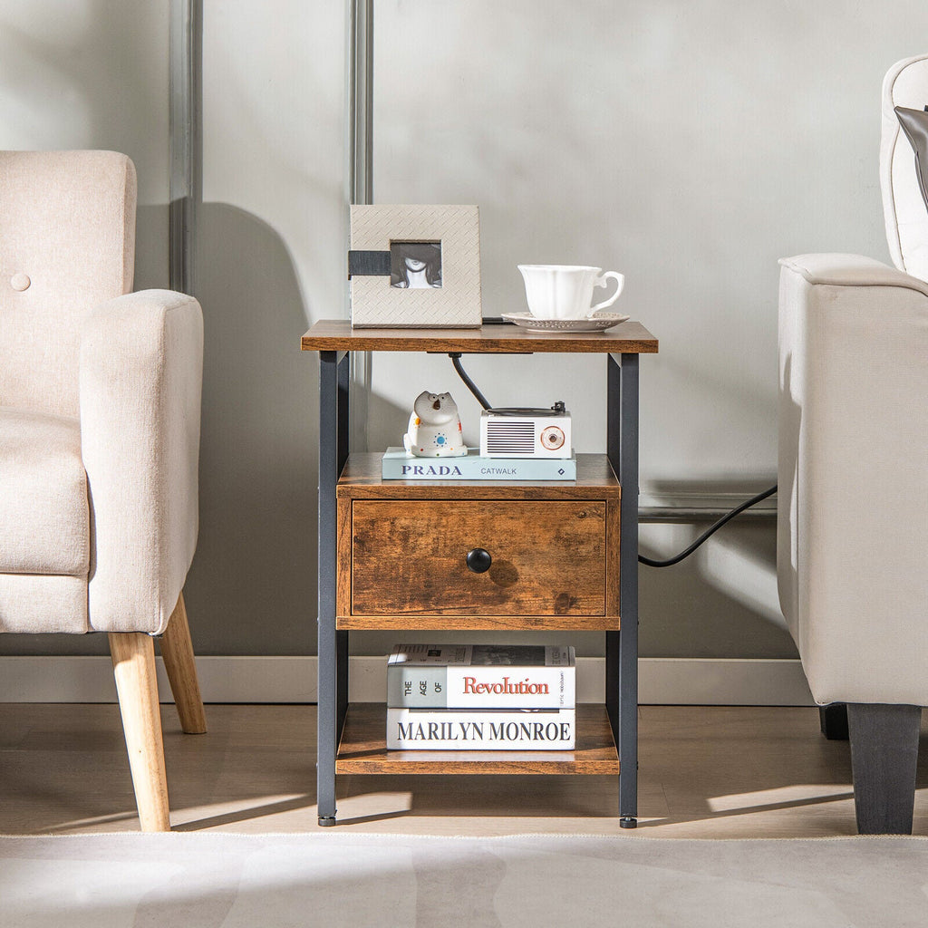 1/2 Pieces 3-Tier Nightstand with Charging Station and Drawer